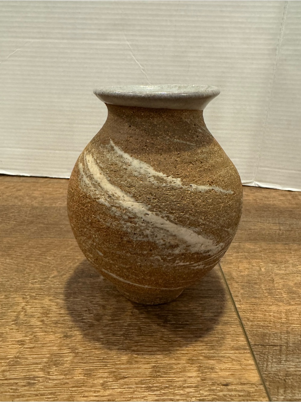 Small Handcrafted Studio Pottery Vase with Textured Brown & White Body